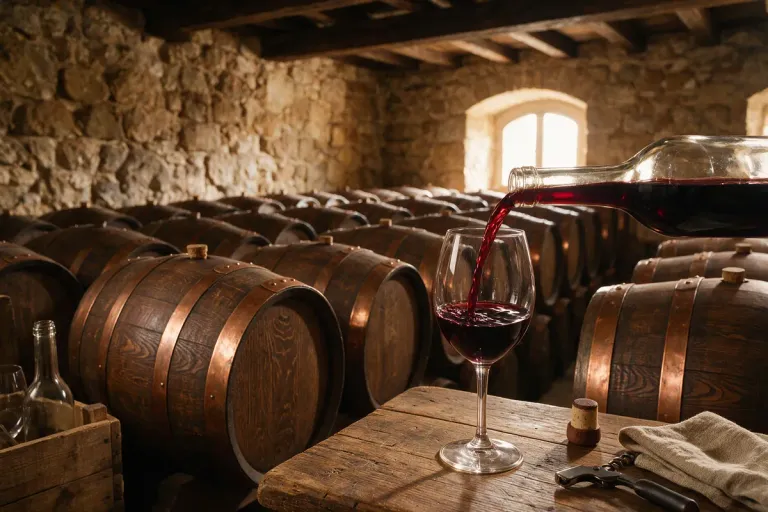 Illustration: red wine being poured into a glass beside oak barrels