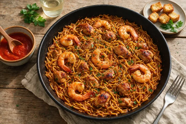 Short toasted noodles with prawns cooked in a wide pan, seen from above