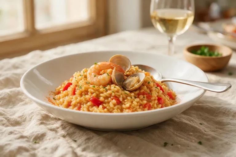 A loose, creamy seafood rice with prawn and clams in a white bowl with a spoon