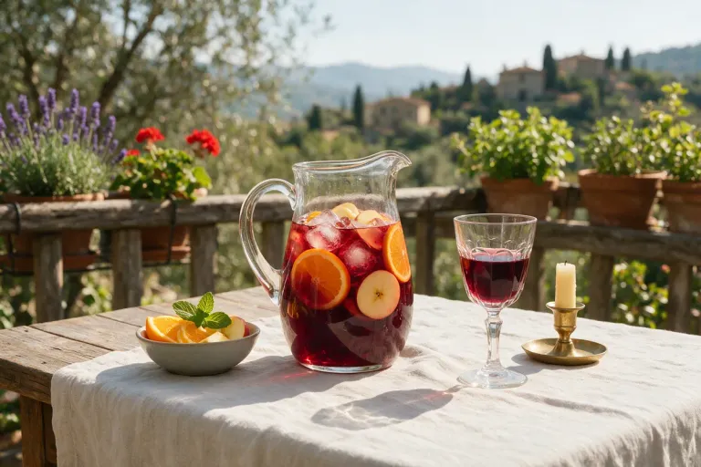 A glass jug of red wine with sliced orange, apple and ice on a terrace table