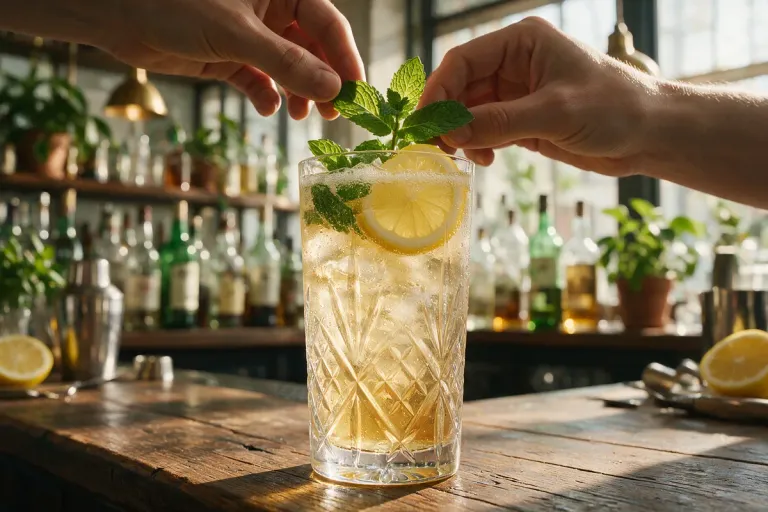 Hands topping a tall glass of chilled pale sherry with lemon soda over ice and a sprig of mint