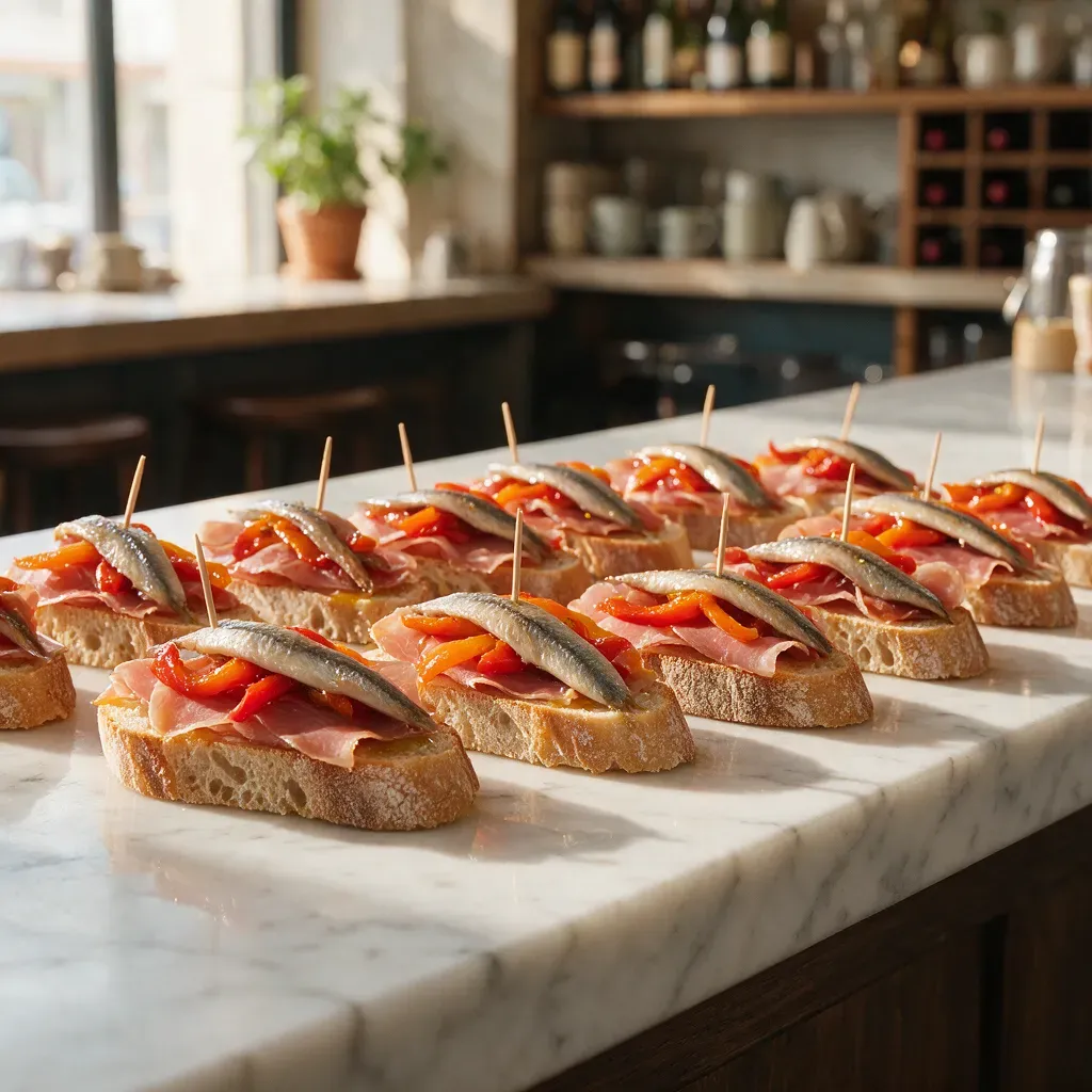 A marble bar counter lined with small open sandwiches topped with cured ham, peppers and anchovies