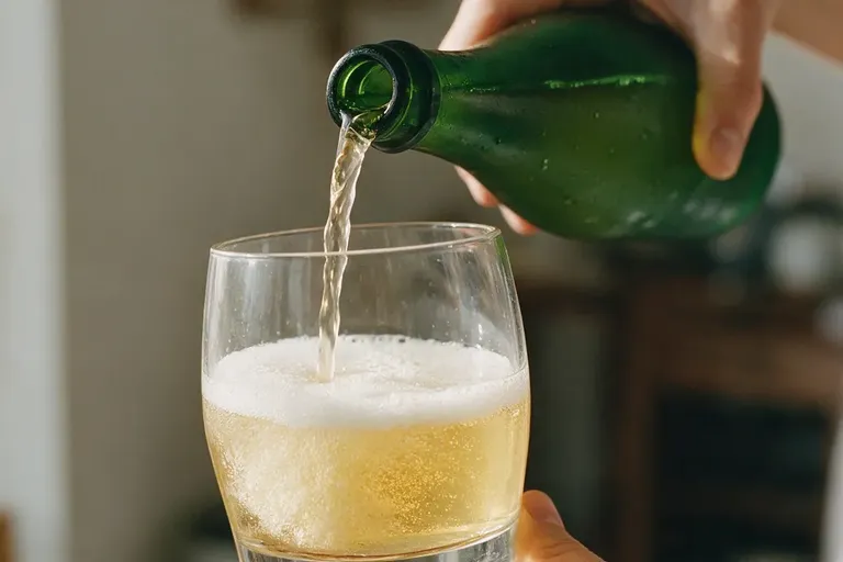 A glass of pale cider being poured from a bottle held high above the glass