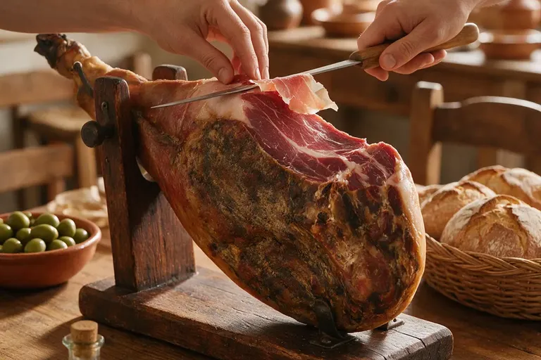 A hand carving thin slices from a bone-in cured ham clamped in a wooden stand