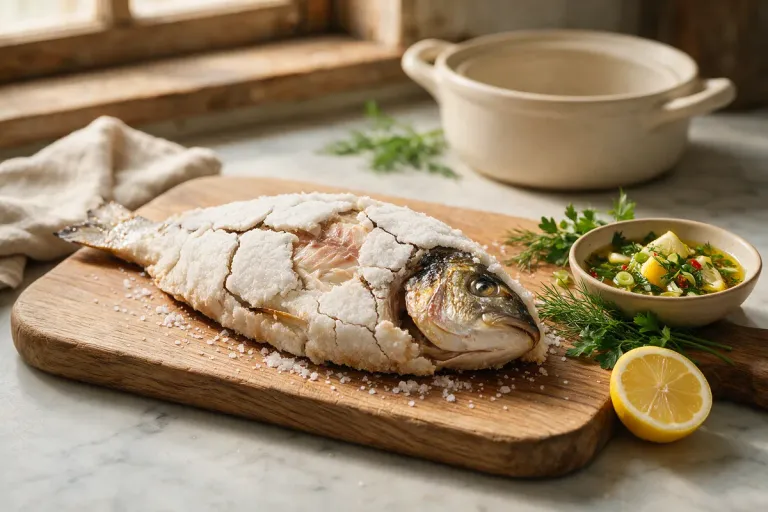A whole fish in a cracked salt crust on a serving board
