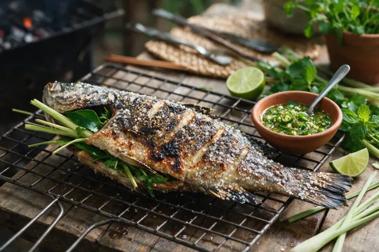 A grilled whole fish coated in salt with lemongrass, herbs and a small bowl of green dipping sauce