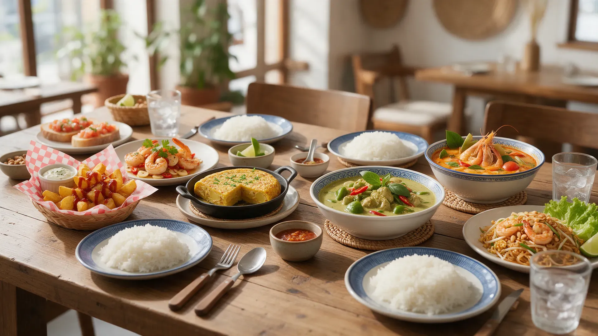 A table with several shared Spanish tapas plates and a separate set of Thai dishes with bowls of rice
