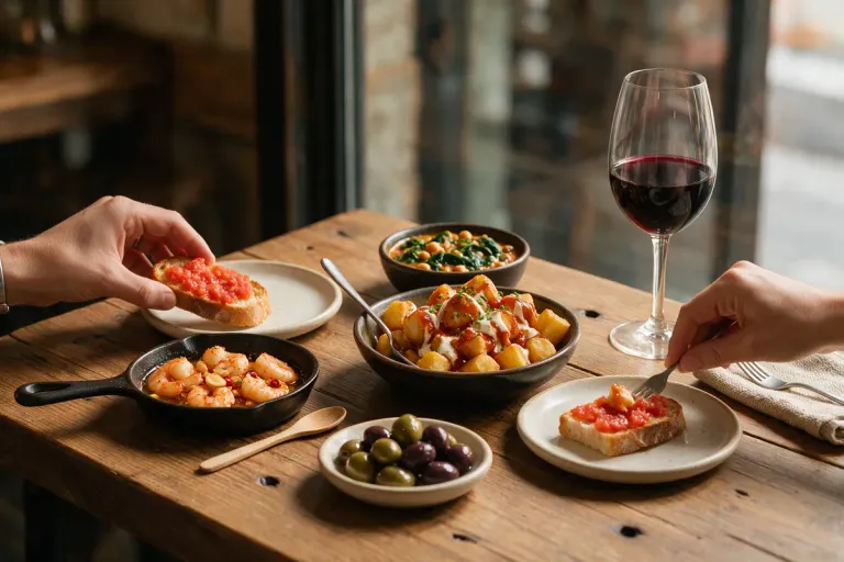 Several small Spanish tapas dishes shared on a wooden table with hands reaching in