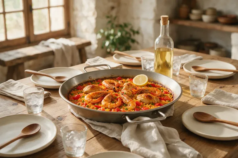 A wide pan of paella in the middle of a table with several plates and spoons around it