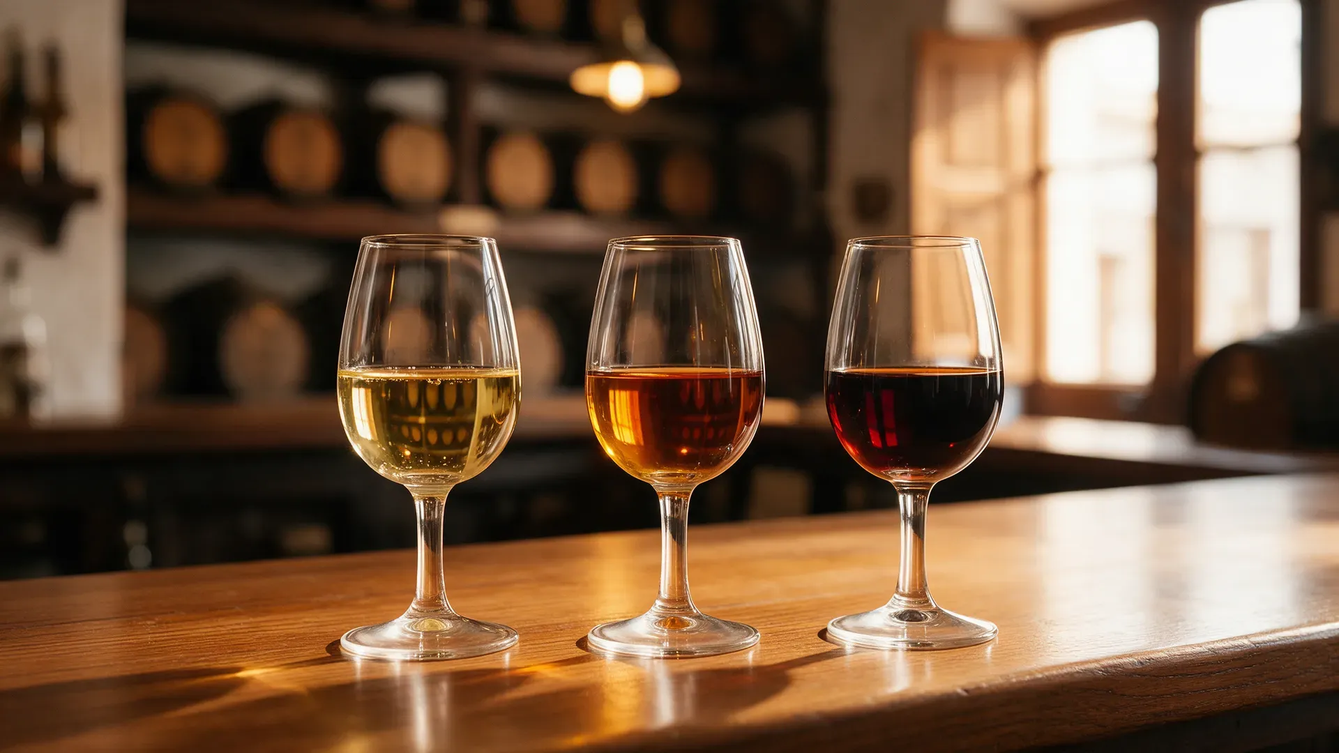 Glasses of sherry from pale to dark