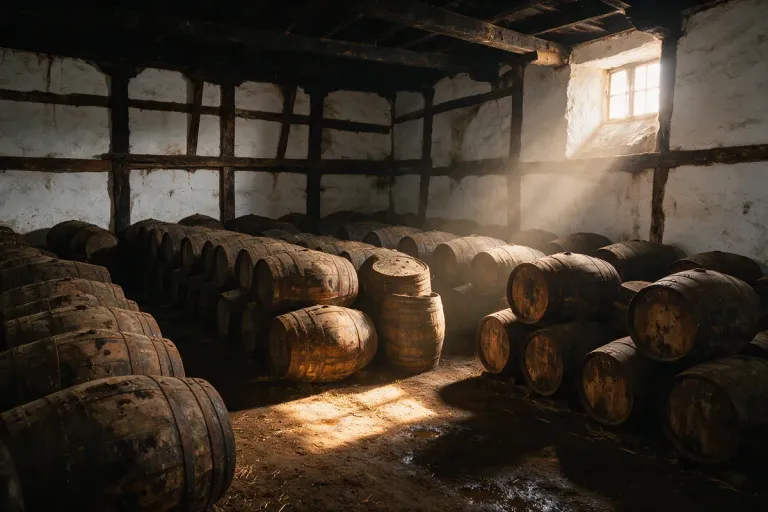 Sherry barrels stacked in a bodega
