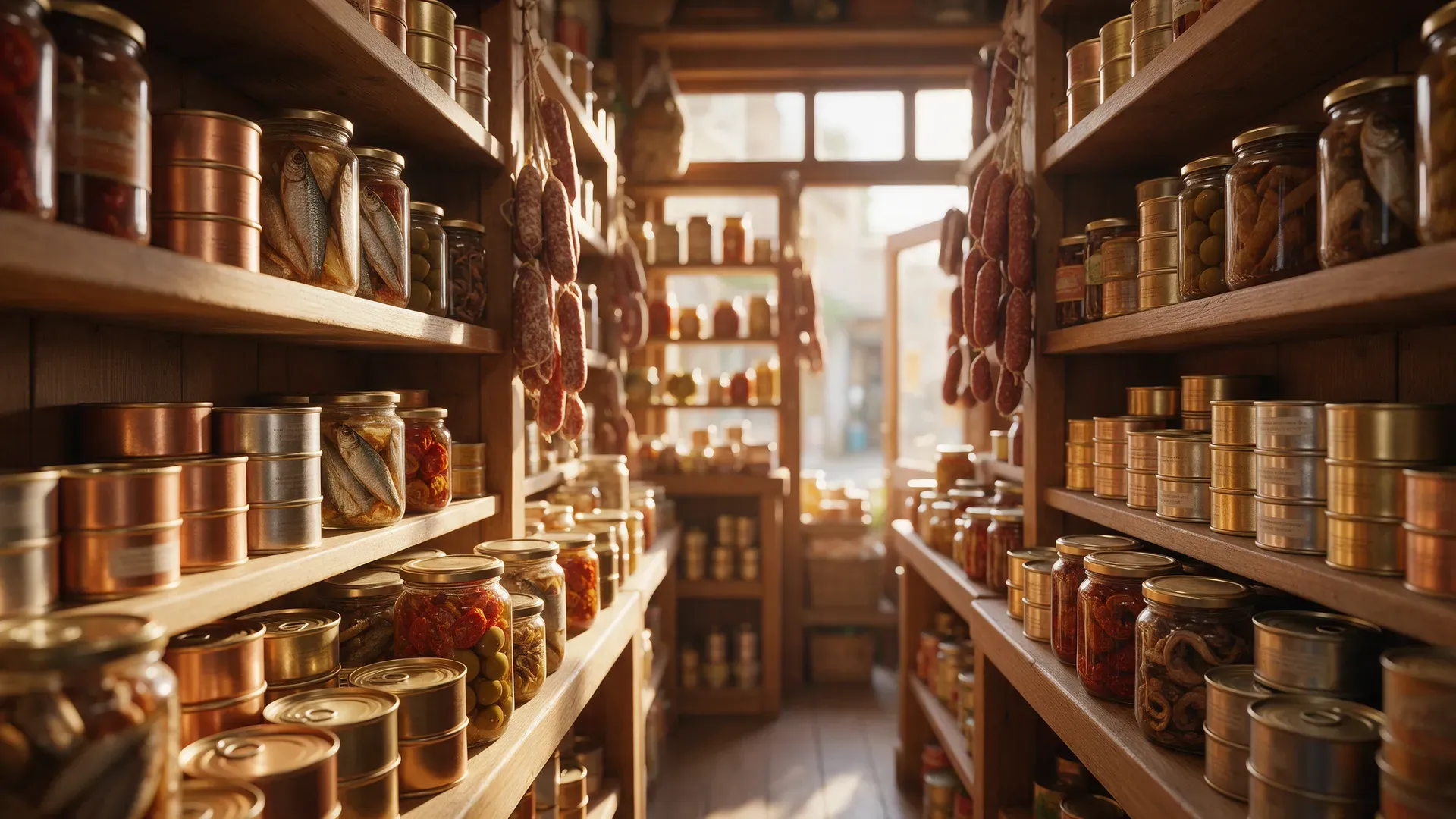 Shelves of tinned fish, jars and cured sausages in a small grocery shop