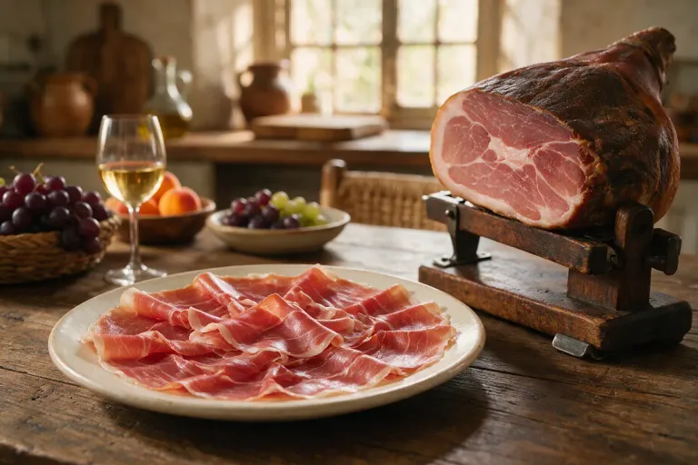 Thin slices of cured ham fanned out on a plate next to a whole ham on a stand