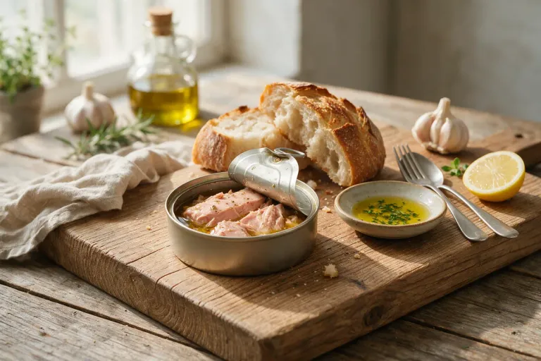 A tin of tuna belly opened on a wooden board with bread and a small dish of olive oil