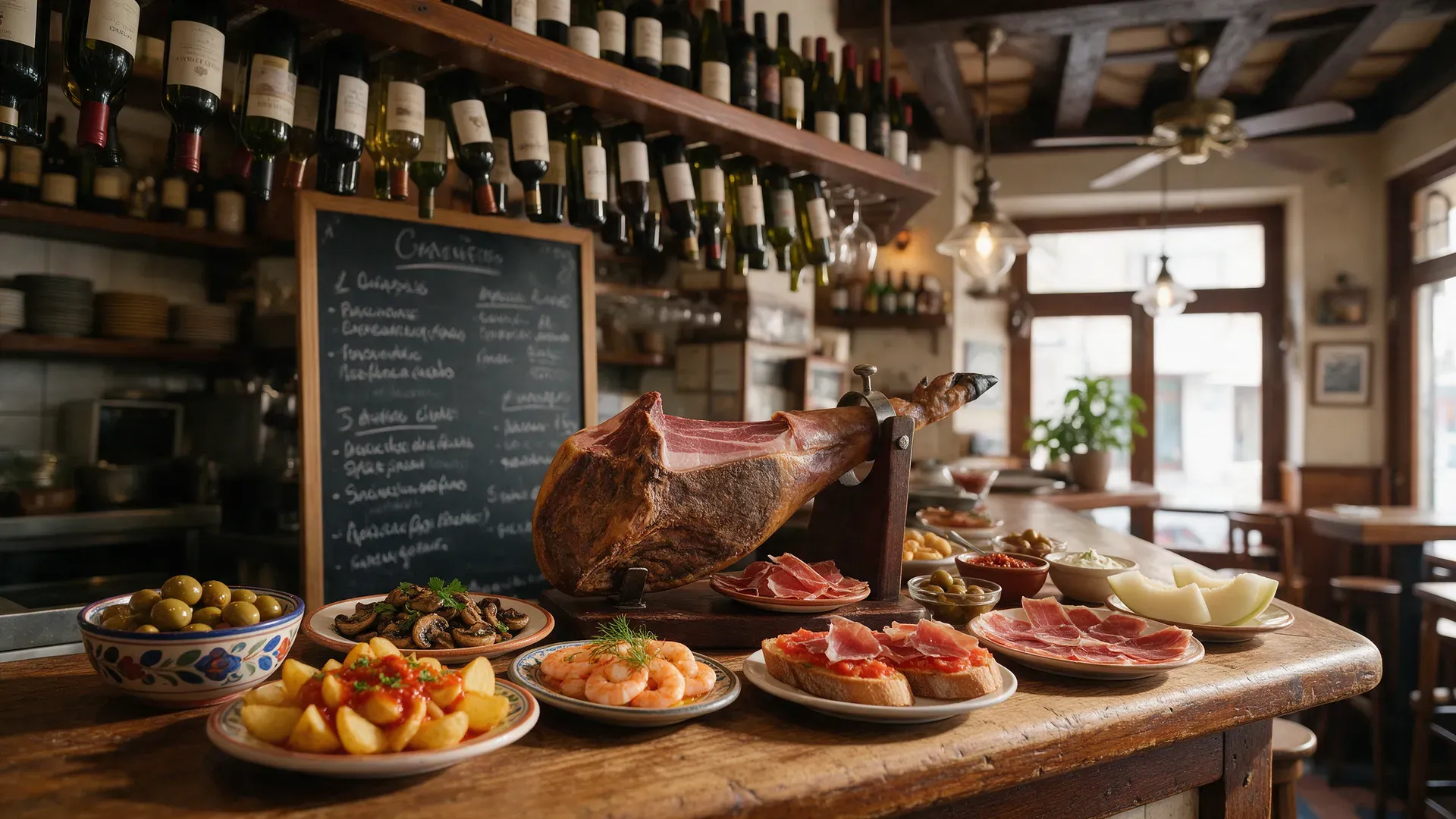 A Spanish tapas bar counter with small plates and a ham leg