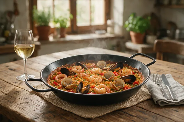 A freshly cooked paella for two