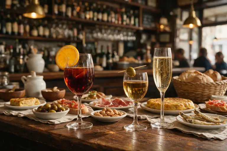 Vermouth, sherry and cava on a bar