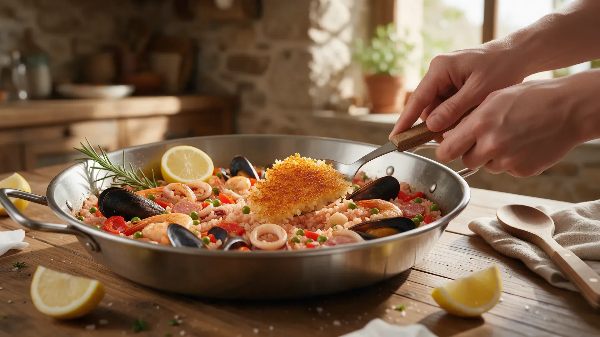 Hands lifting a piece of golden toasted rice crust from a seafood paella pan
