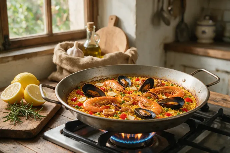 A seafood paella cooking in a wide pan over a gas flame