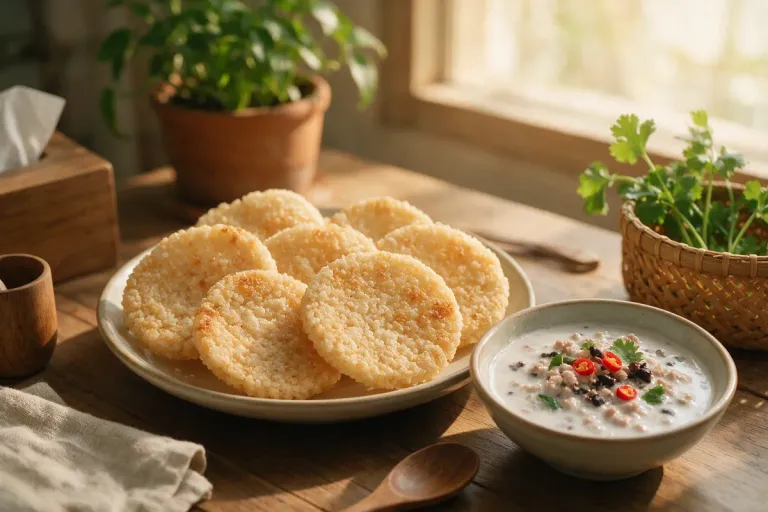 Round Thai rice crackers on a plate beside a bowl of creamy dip