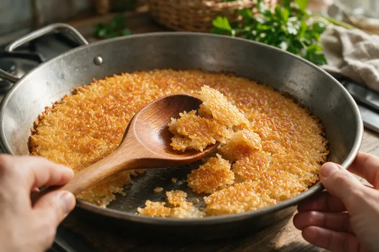 A wooden spoon scraping the toasted rice crust from the bottom of a paella pan
