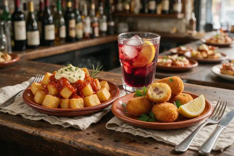 Patatas bravas, croquetas and a glass of red wine with lemon soda on a bar counter