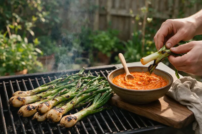 Hands peeling a charred green onion over a grill, next to a bowl of orange nut and pepper sauce