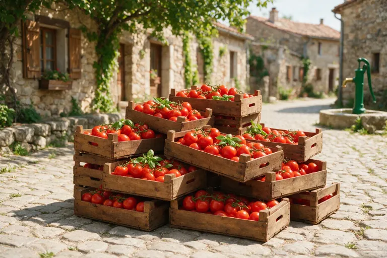 Wooden crates of ripe red tomatoes stacked on a cobbled village street