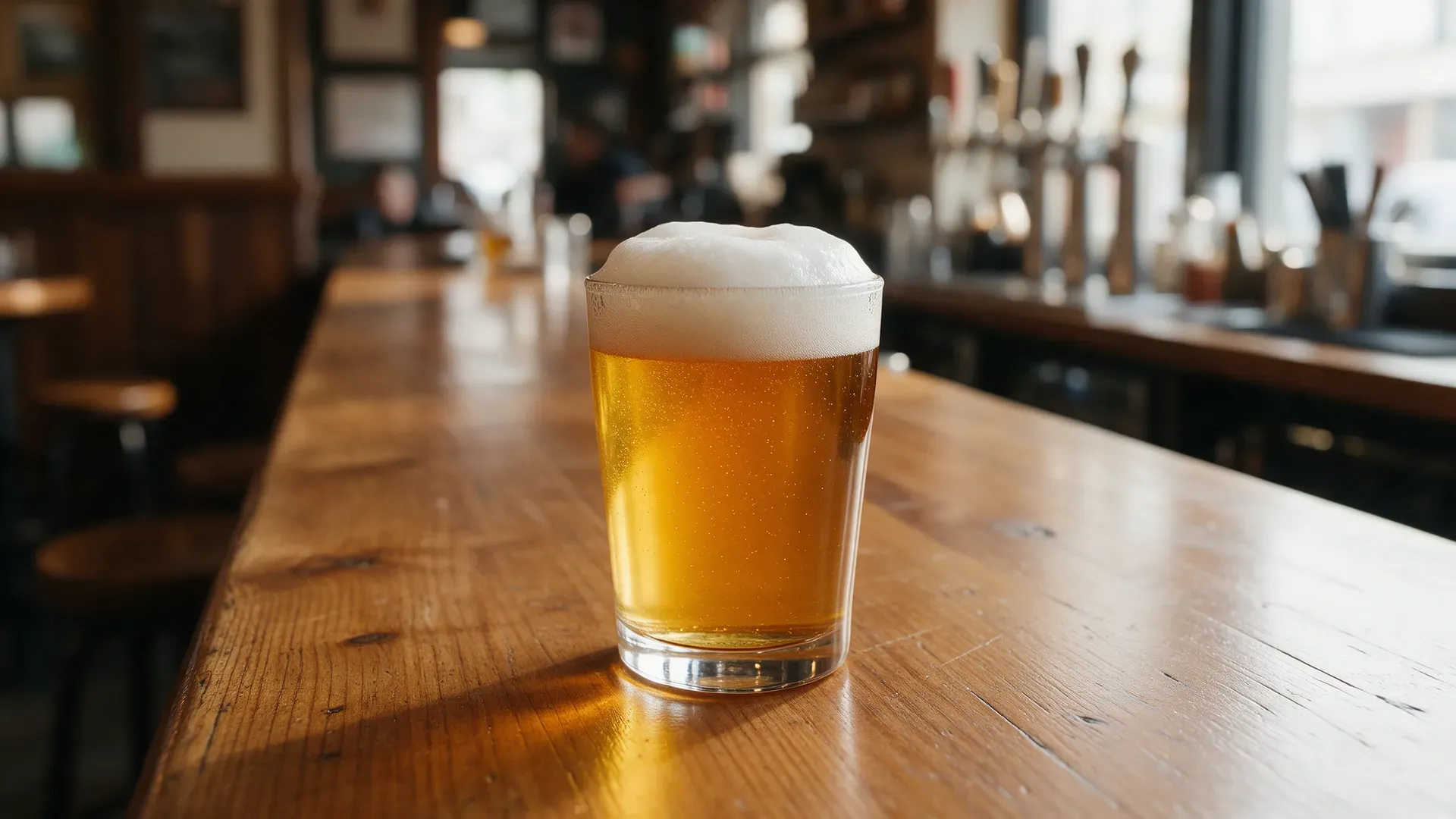 A small glass of golden draught beer with a white head on a bar counter