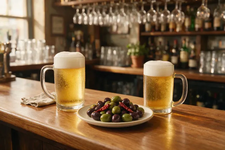 Two small glasses of draught lager next to a plate of olives on a bar