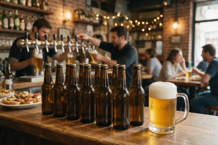 A row of brown beer bottles and a glass of lager on a wooden tapas bar counter