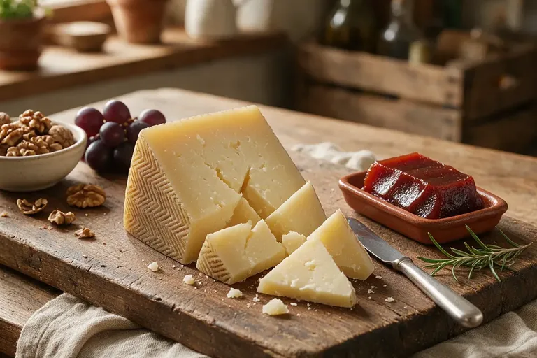A wedge of hard pale cheese with a patterned rind, cut into triangles beside dark red quince paste