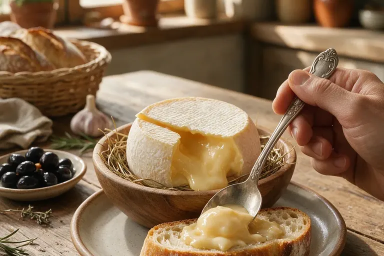 A small round soft cheese with its top cut off, the runny centre being lifted out with a spoon onto bread