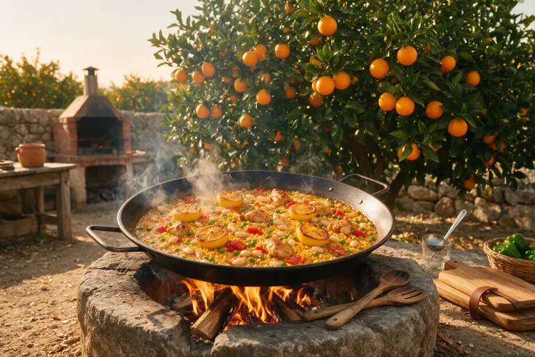 A rice dish cooking over a wood fire