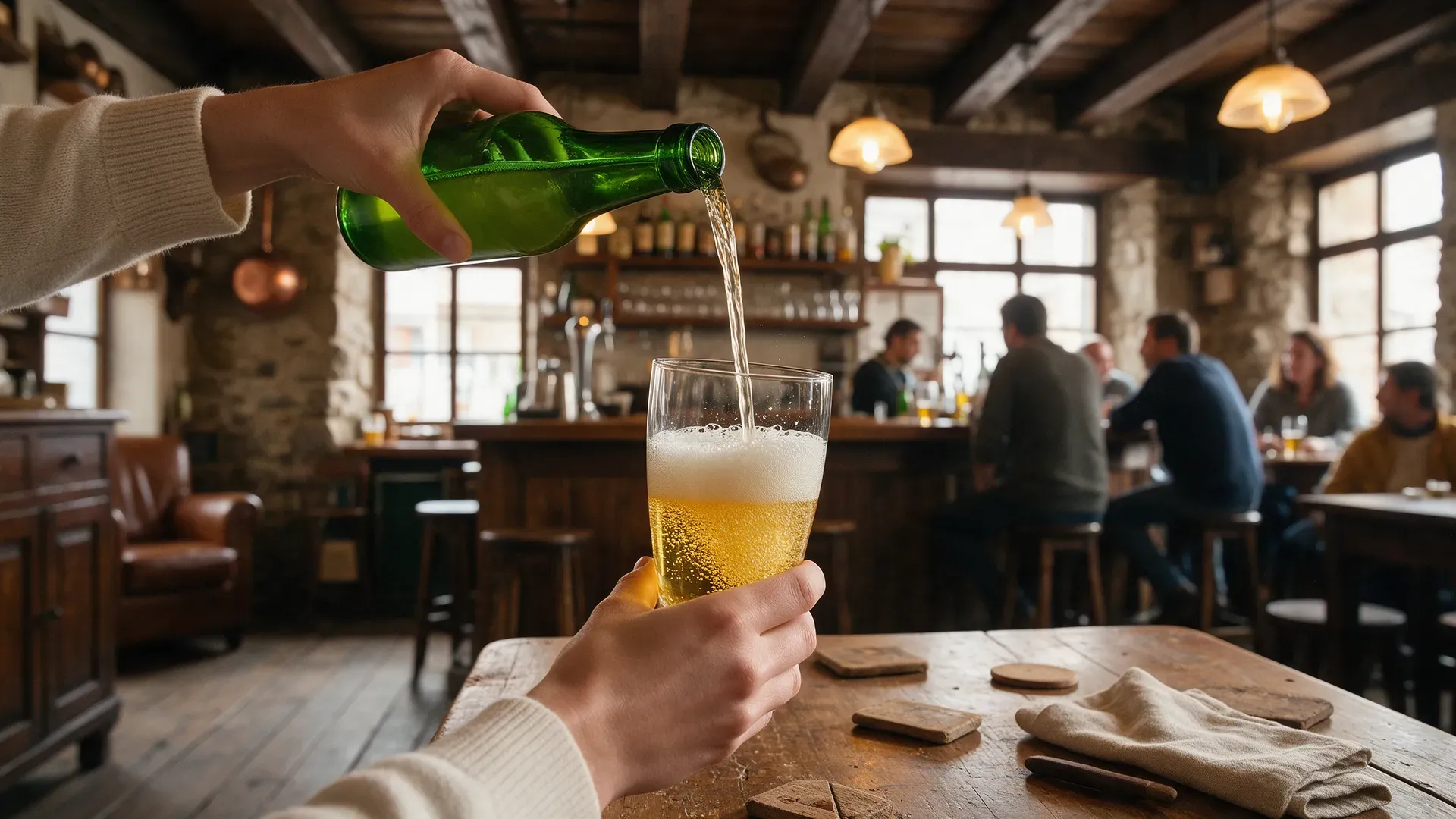 Cider poured from a green bottle held high into a glass held low, in a rustic bar