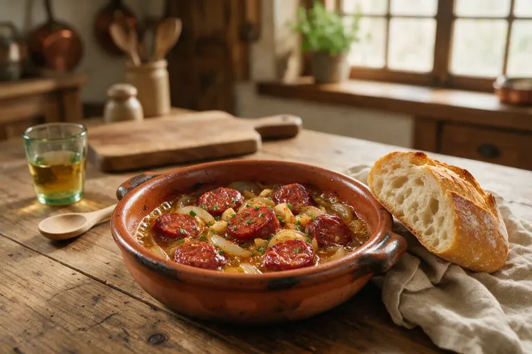 Slices of chorizo simmered in cider in a small terracotta dish with crusty bread