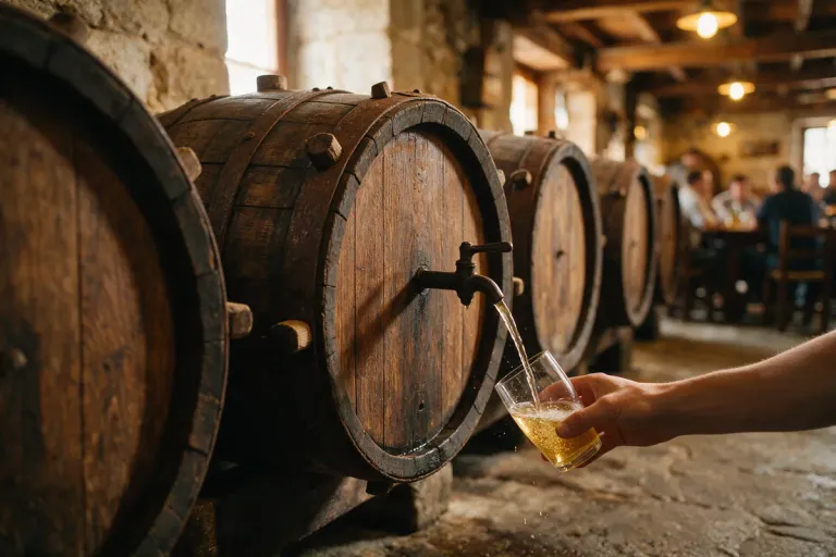 Large wooden cider barrels with a stream of cider pouring from a tap into a glass