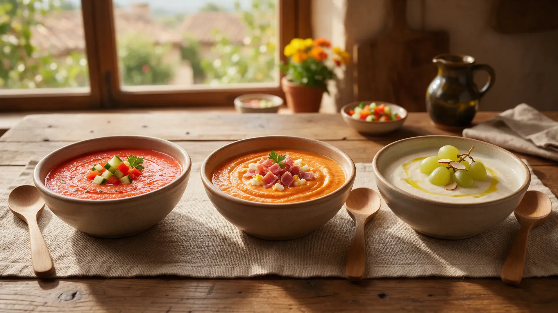 Gazpacho, salmorejo and ajoblanco side by side