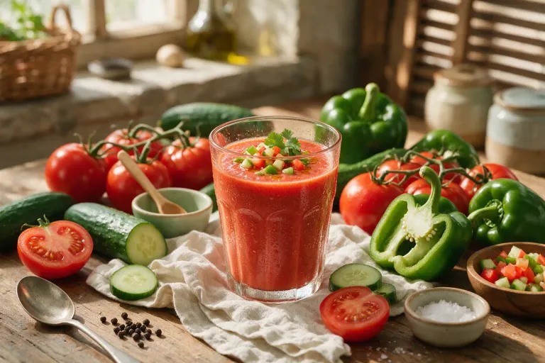 A glass of gazpacho with fresh vegetables