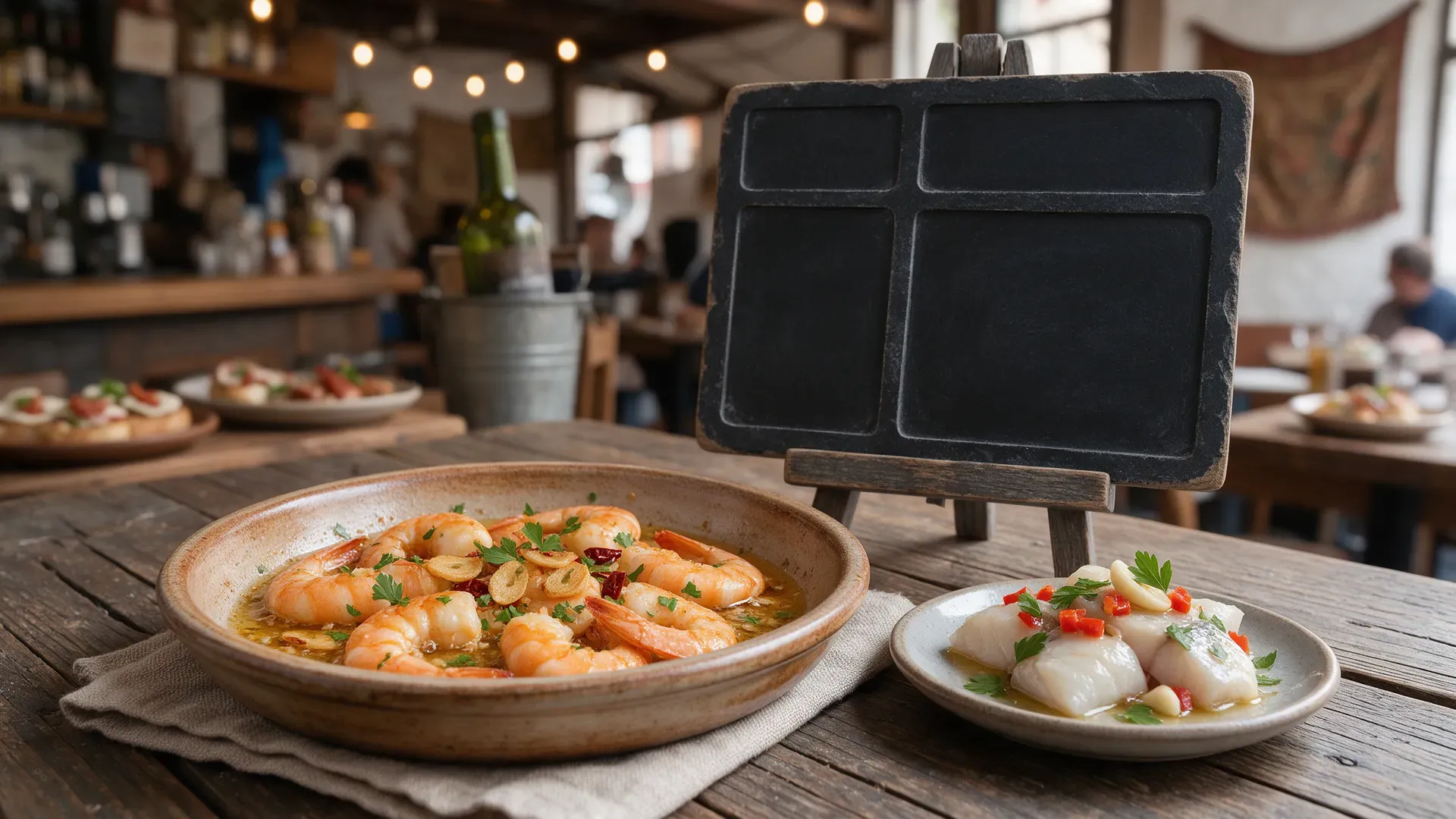 Illustration: a chalkboard-style Spanish tapas menu next to a dish of garlic prawns and a small plate of marinated fish