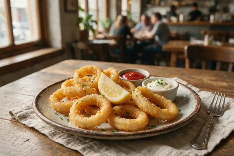 Illustration: a plate of golden battered squid rings with a lemon wedge on a table