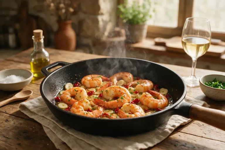 Illustration: a pan of sizzling garlic prawns in olive oil with chilli