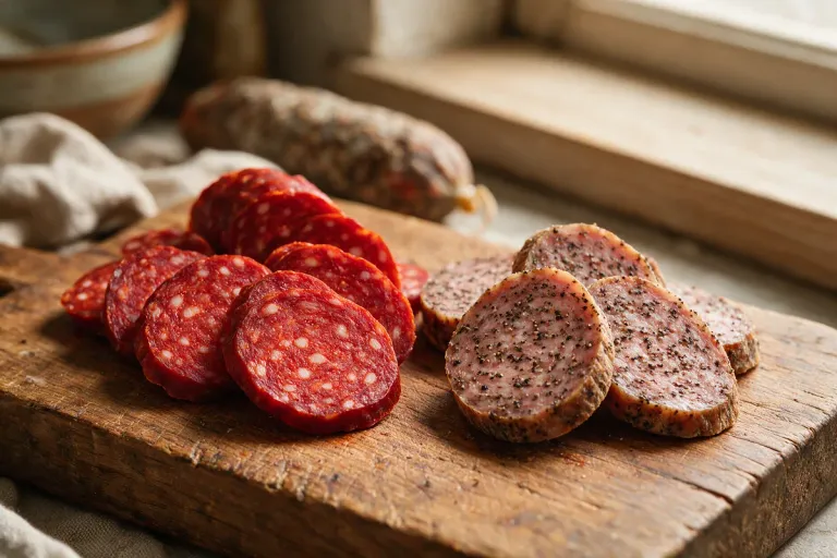 Slices of red chorizo and pale salchichón side by side on a board