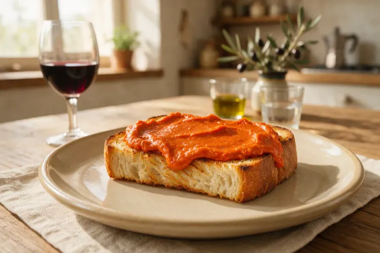 Soft red sobrasada spread on a slice of toasted bread