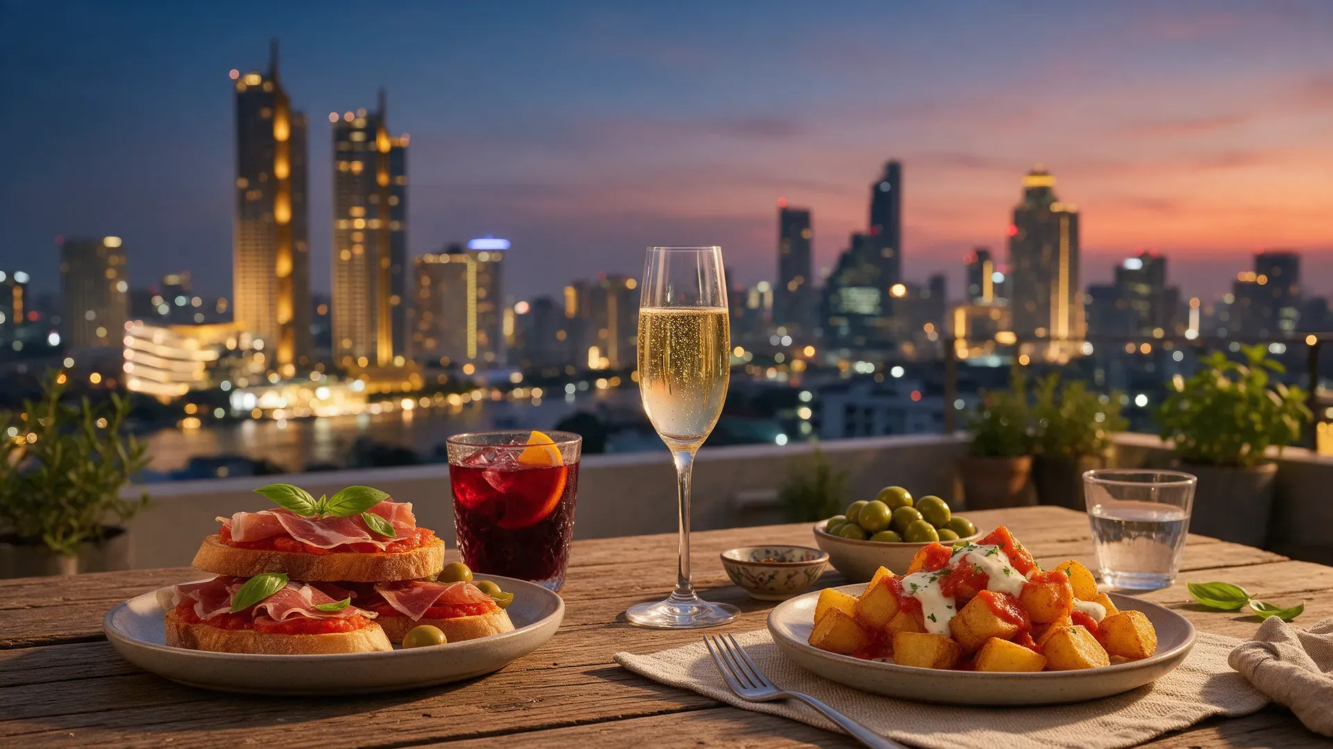 Tapas and cava on a rooftop at dusk