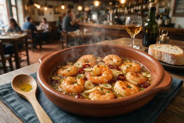 Gambas al ajillo in a clay dish