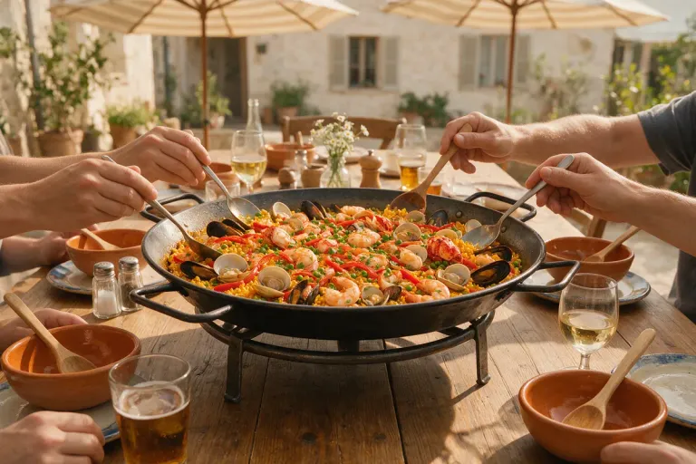 A shared paella on a long table