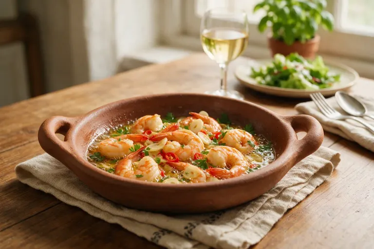 Garlic prawns sizzling in olive oil in a small clay dish on a wooden table