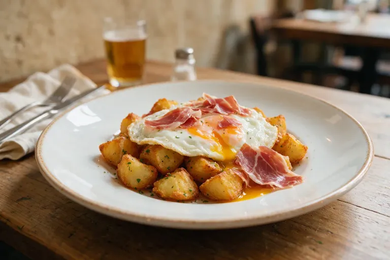 Fried eggs broken over fried potatoes and thin slices of cured ham on a white plate