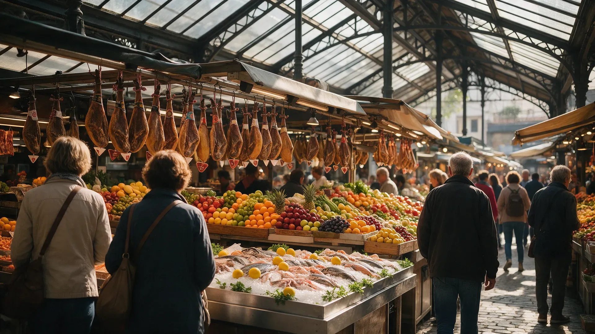 Covered food market under an iron and glass roof with hanging hams, fruit stalls and seafood on ice